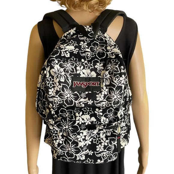Jansport Handbags - Vintage Jansport Corduroy Hawaiian Floral Backpack Black and White 18 x 12 Inch